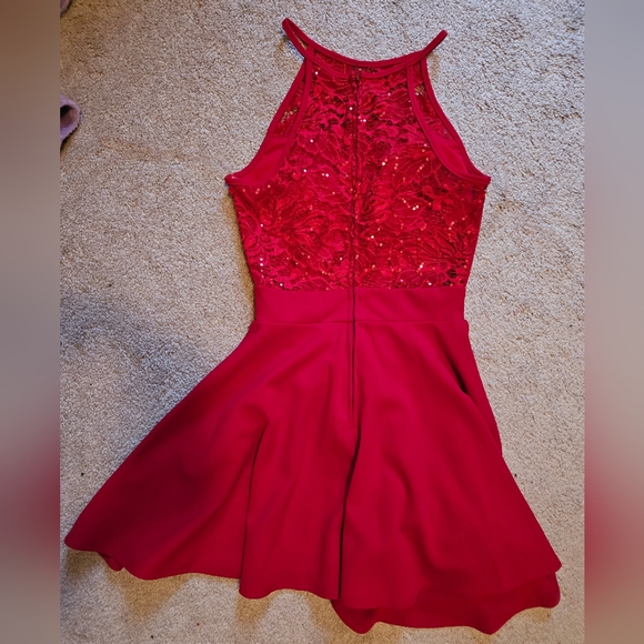 Red Juniors' Lace-Trim Scuba Fit & Flare Dress - Picture 3 of 4